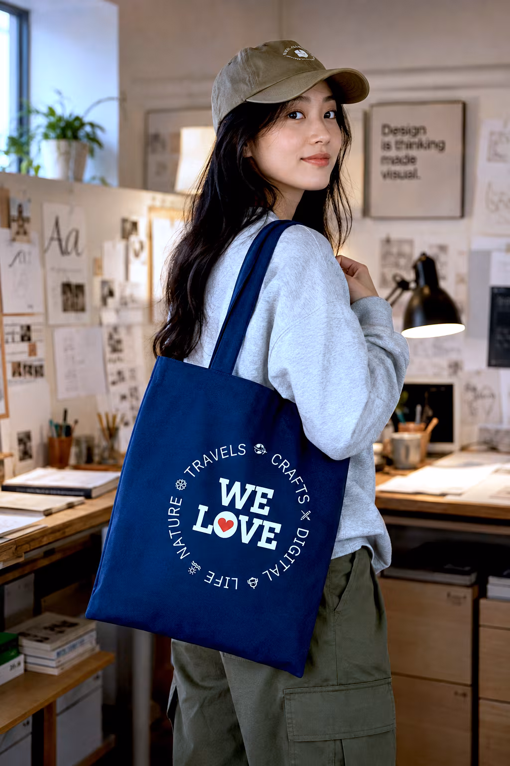 Studio tote bag design expressing the creative personality and visual language of Ease Communications.